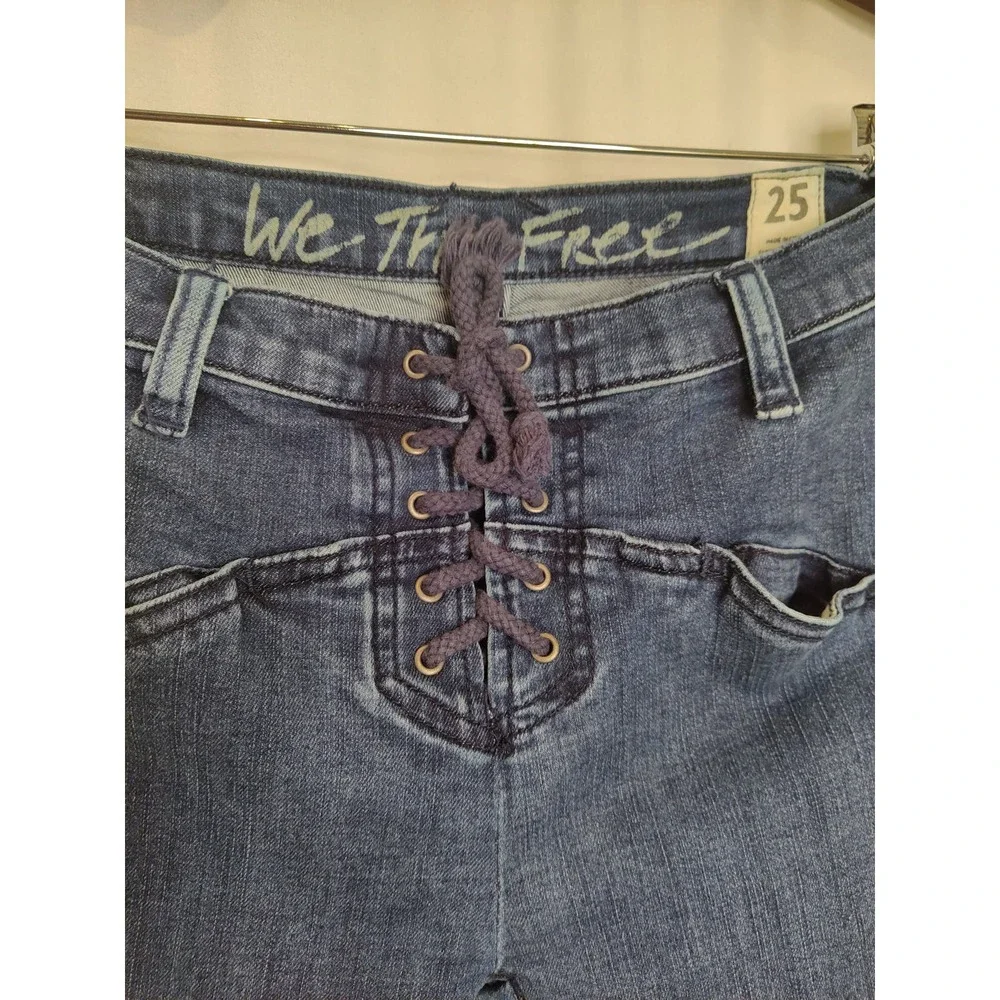 We The Free People Lace Up Dark Denim Jeans Bootcut Raw Hem Rough Size 25 - Picture 4 of 9